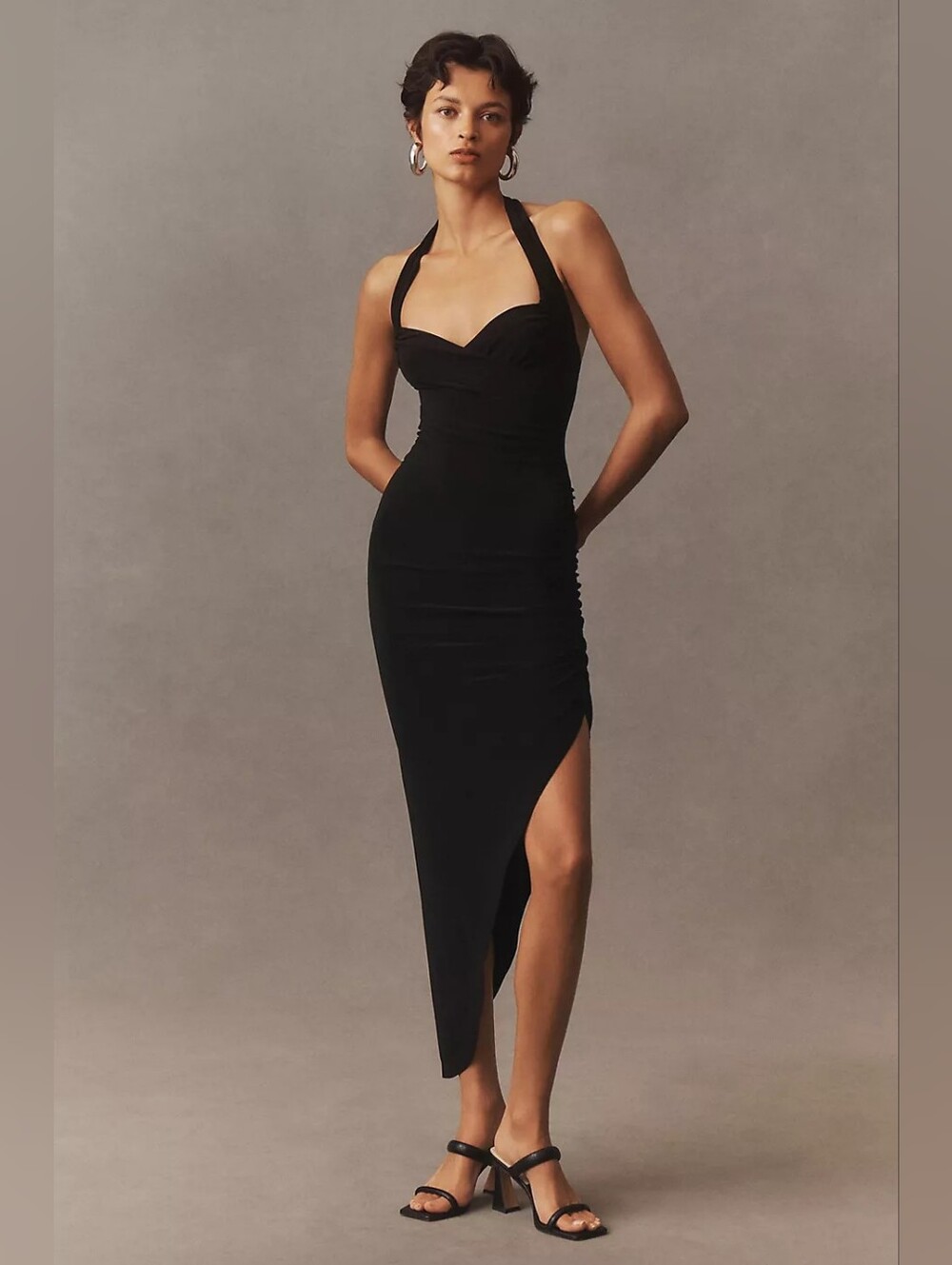 Norma Kamali Black Cayla Halter Side Drape Stretch Jersey Midi Dress M